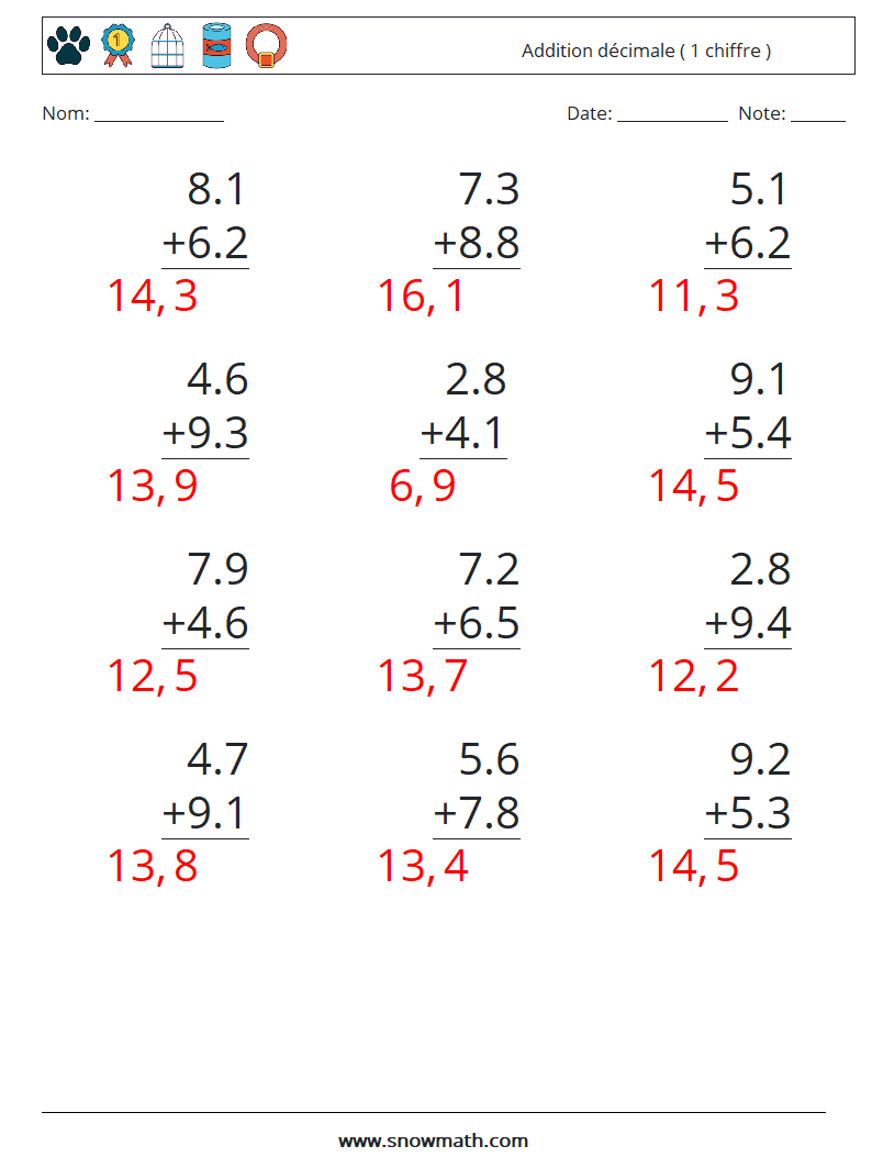 (12) Addition décimale ( 1 chiffre ) Fiches d'Exercices de Mathématiques 6 Question, Réponse