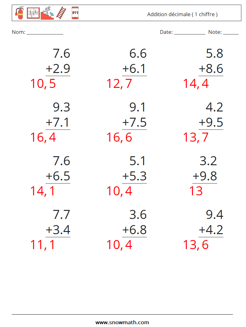 (12) Addition décimale ( 1 chiffre ) Fiches d'Exercices de Mathématiques 7 Question, Réponse