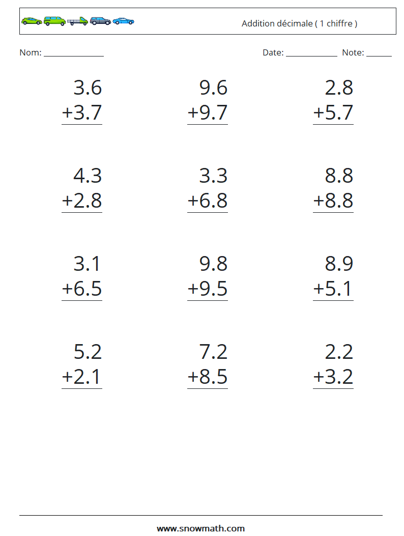 (12) Addition décimale ( 1 chiffre ) Fiches d'Exercices de Mathématiques 8