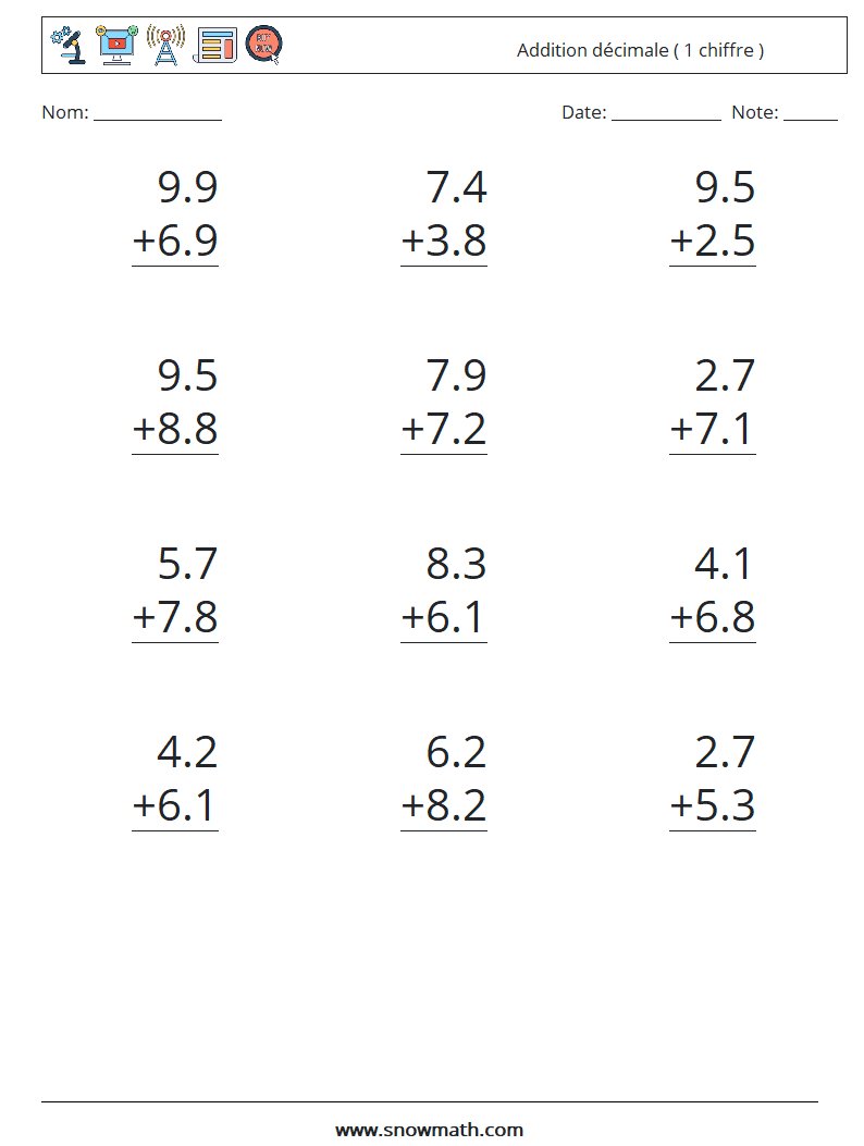 (12) Addition décimale ( 1 chiffre ) Fiches d'Exercices de Mathématiques 9