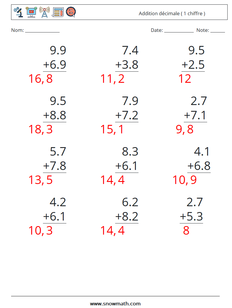 (12) Addition décimale ( 1 chiffre ) Fiches d'Exercices de Mathématiques 9 Question, Réponse