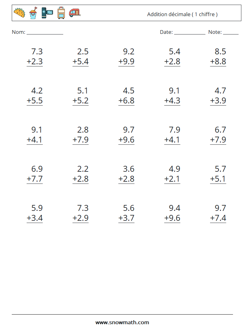 (25) Addition décimale ( 1 chiffre ) Fiches d'Exercices de Mathématiques 13