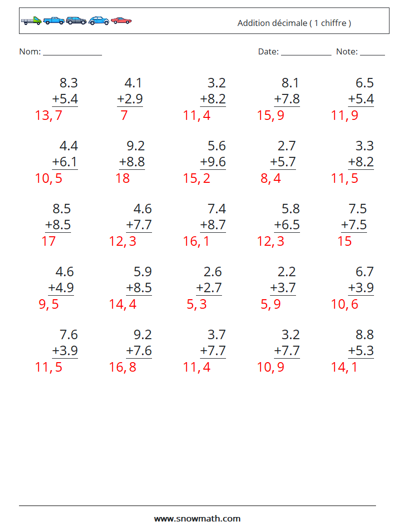 (25) Addition décimale ( 1 chiffre ) Fiches d'Exercices de Mathématiques 15 Question, Réponse