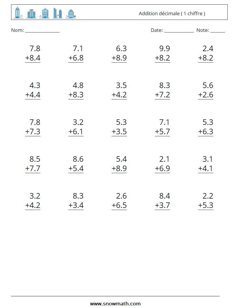 (25) Addition décimale ( 1 chiffre ) Fiches d'Exercices de Mathématiques 16