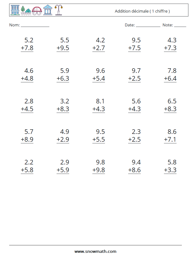 (25) Addition décimale ( 1 chiffre ) Fiches d'Exercices de Mathématiques 17