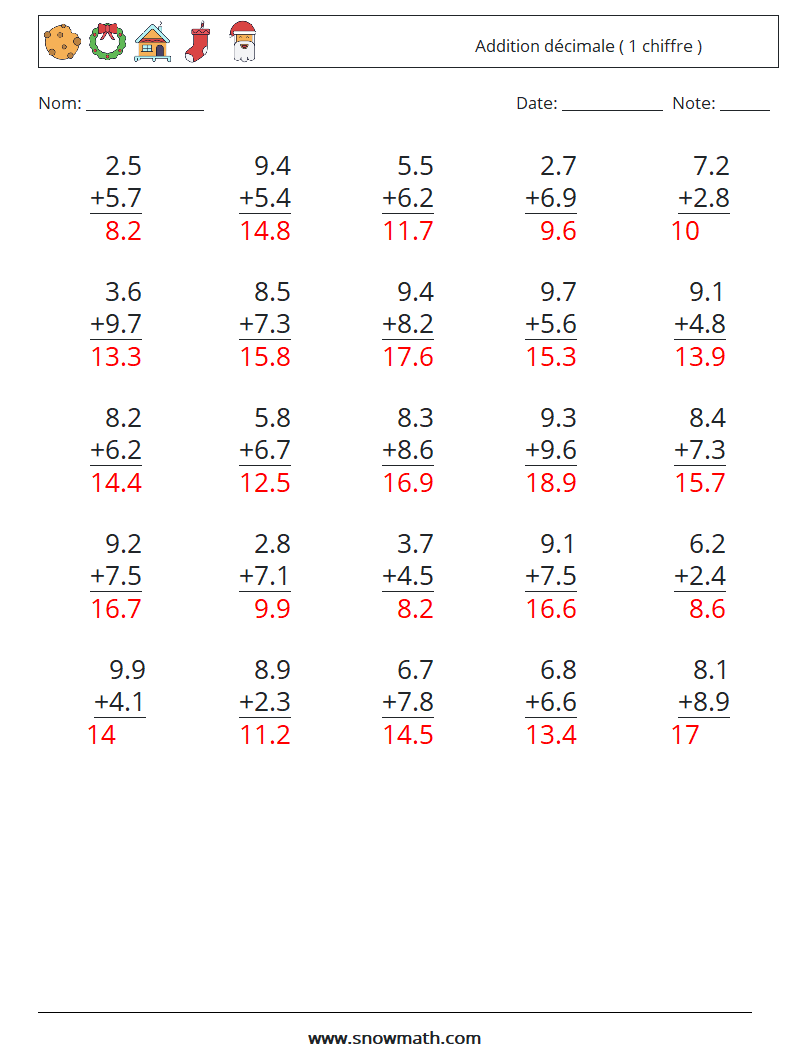 (25) Addition décimale ( 1 chiffre ) Fiches d'Exercices de Mathématiques 1 Question, Réponse