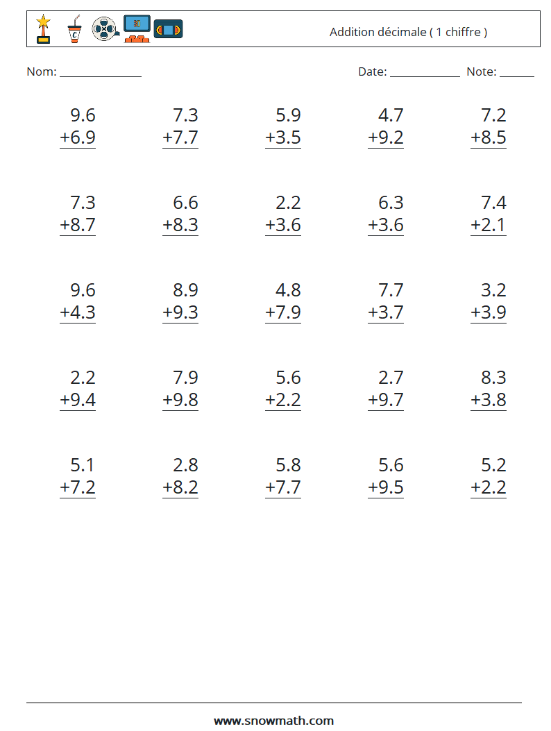 (25) Addition décimale ( 1 chiffre ) Fiches d'Exercices de Mathématiques 2