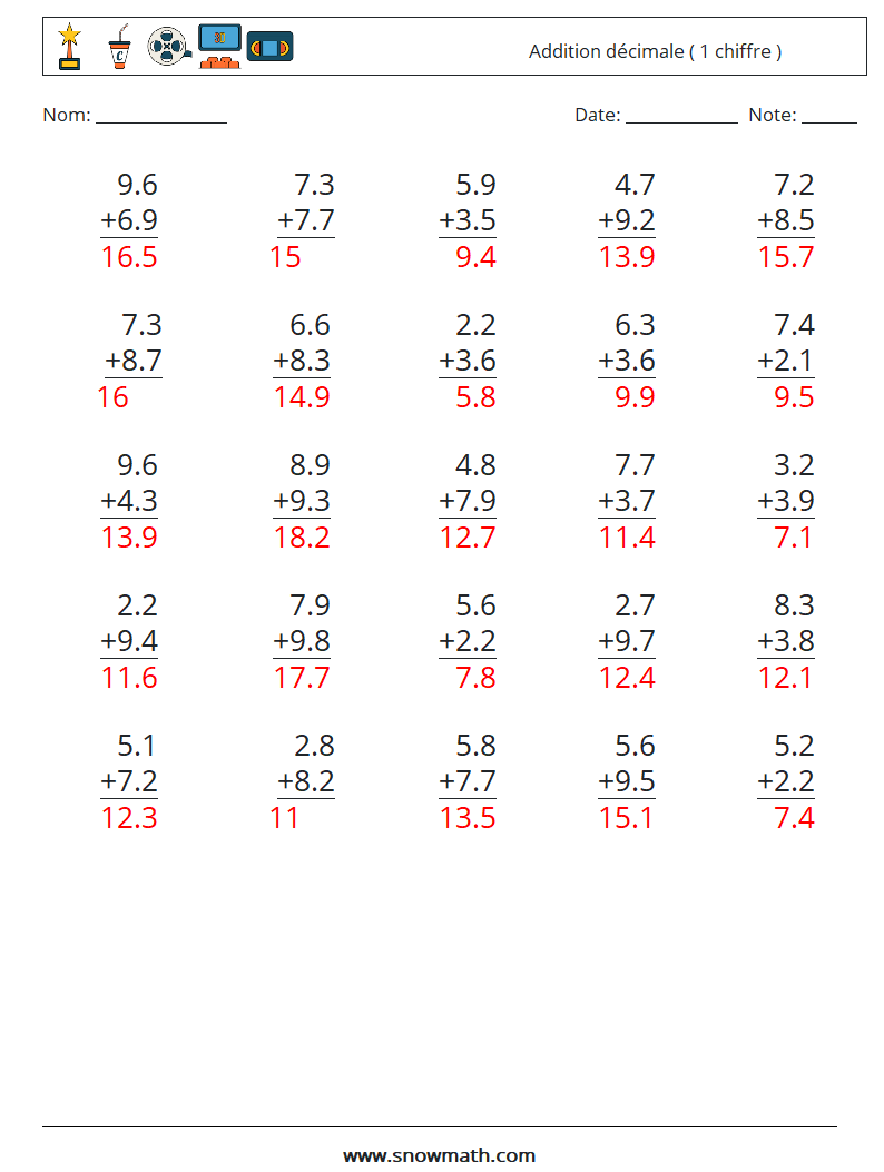 (25) Addition décimale ( 1 chiffre ) Fiches d'Exercices de Mathématiques 2 Question, Réponse