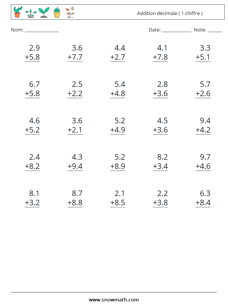 (25) Addition décimale ( 1 chiffre ) Fiches d'Exercices de Mathématiques 3