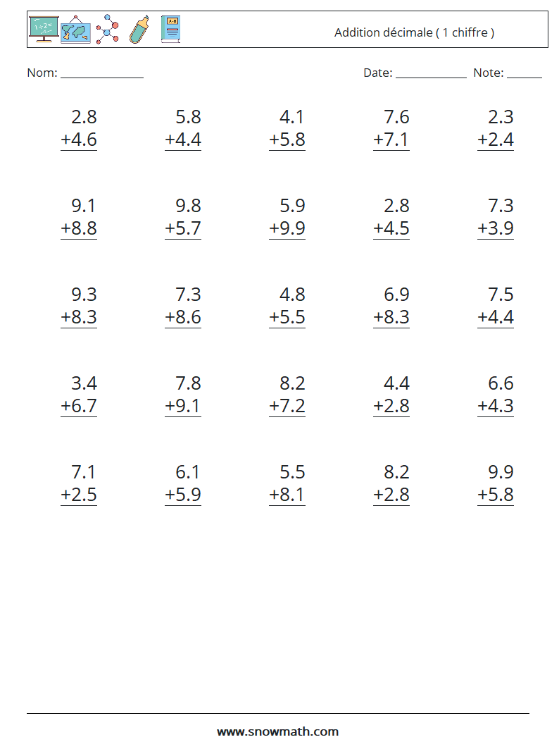(25) Addition décimale ( 1 chiffre ) Fiches d'Exercices de Mathématiques 4