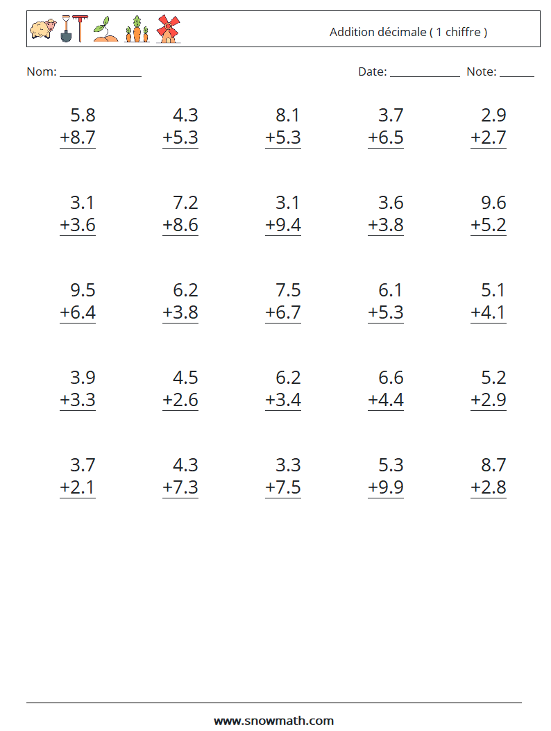 (25) Addition décimale ( 1 chiffre ) Fiches d'Exercices de Mathématiques 6