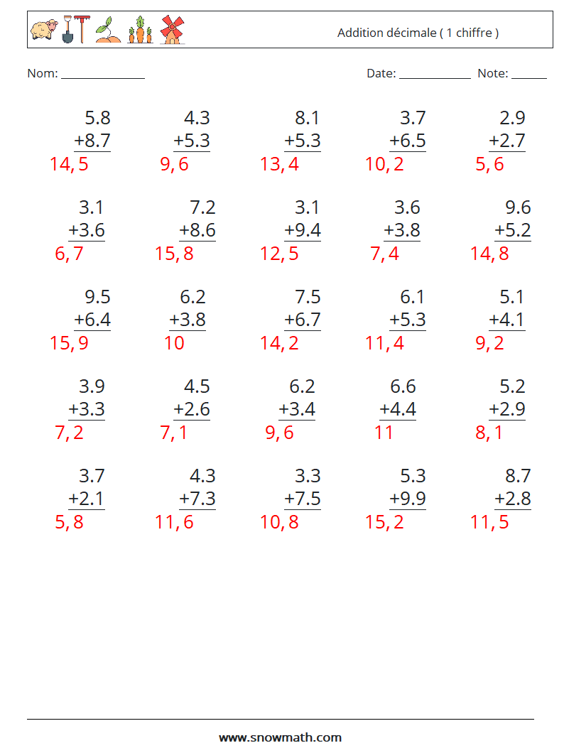 (25) Addition décimale ( 1 chiffre ) Fiches d'Exercices de Mathématiques 6 Question, Réponse