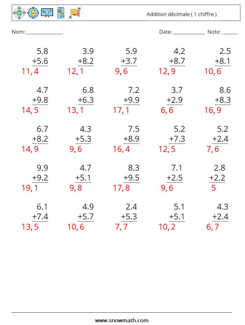 (25) Addition décimale ( 1 chiffre ) Fiches d'Exercices de Mathématiques 7 Question, Réponse