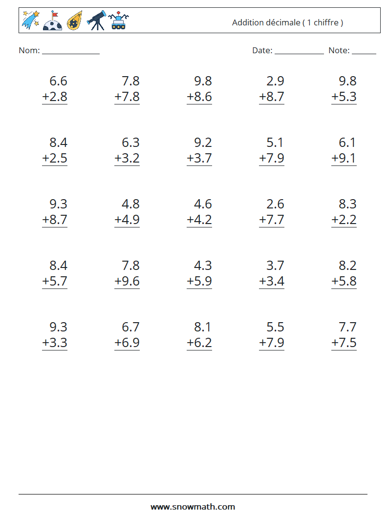(25) Addition décimale ( 1 chiffre ) Fiches d'Exercices de Mathématiques 8