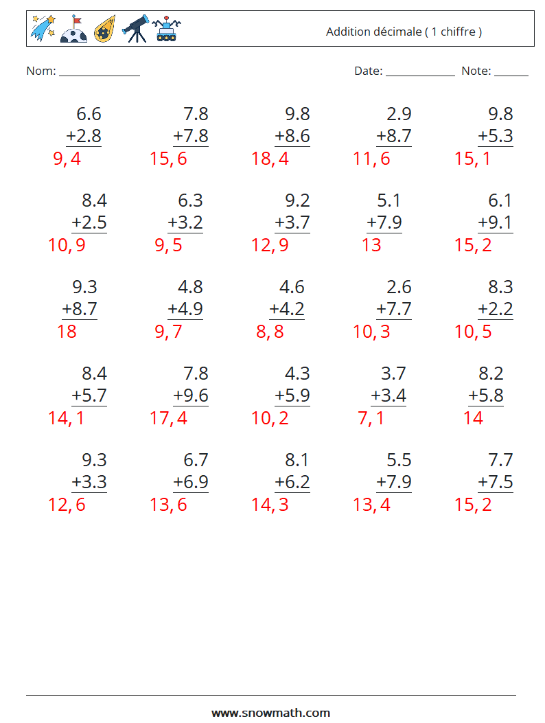 (25) Addition décimale ( 1 chiffre ) Fiches d'Exercices de Mathématiques 8 Question, Réponse