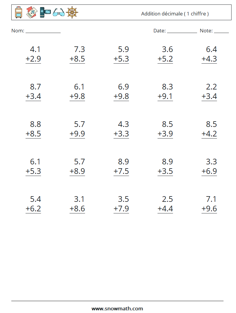 (25) Addition décimale ( 1 chiffre ) Fiches d'Exercices de Mathématiques 9