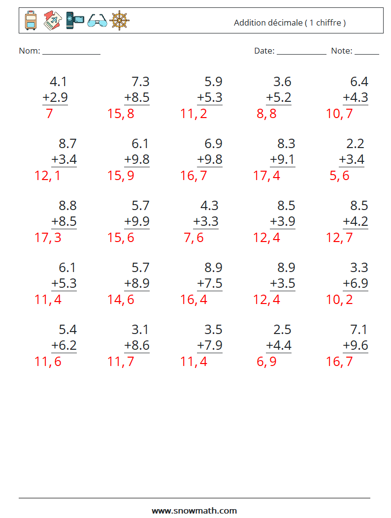 (25) Addition décimale ( 1 chiffre ) Fiches d'Exercices de Mathématiques 9 Question, Réponse