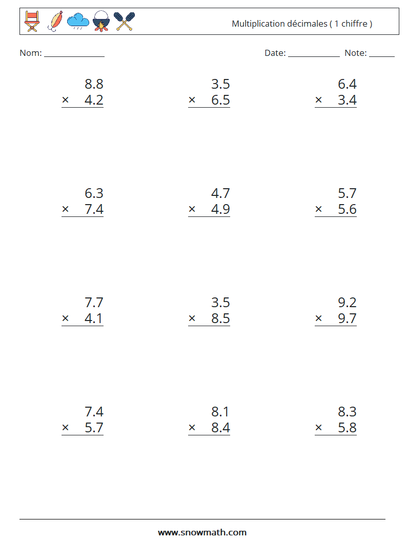 (12) Multiplication décimales ( 1 chiffre ) Fiches d'Exercices de Mathématiques 10