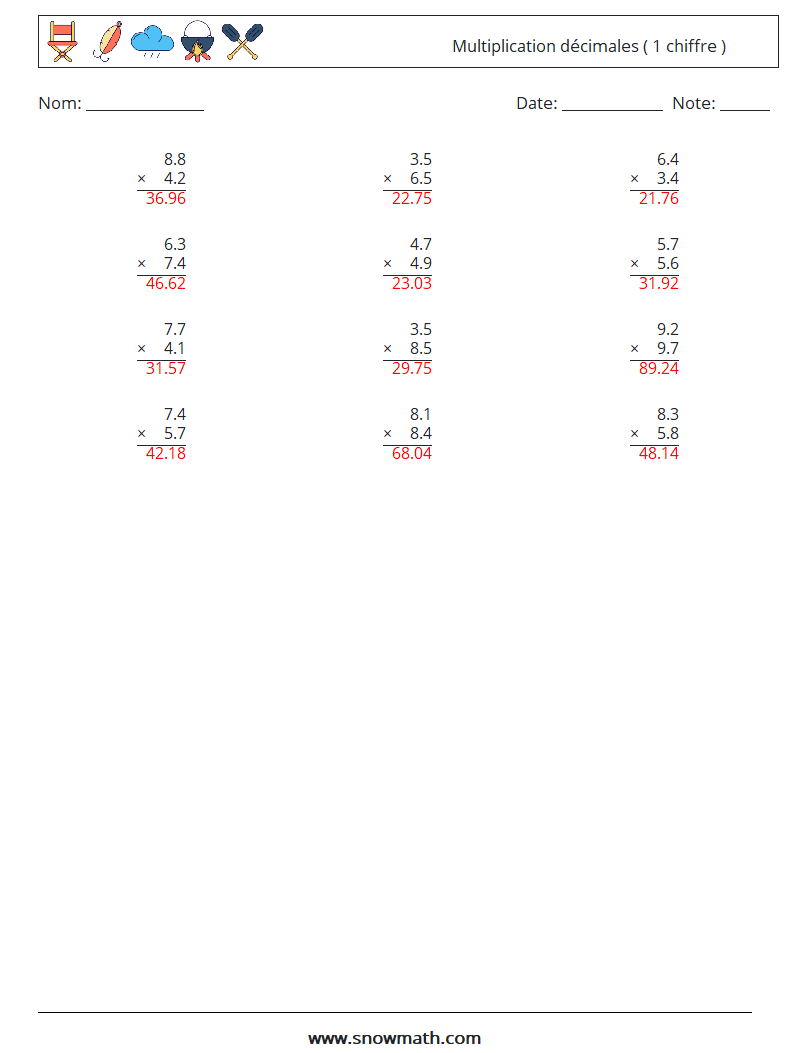(12) Multiplication décimales ( 1 chiffre ) Fiches d'Exercices de Mathématiques 10 Question, Réponse