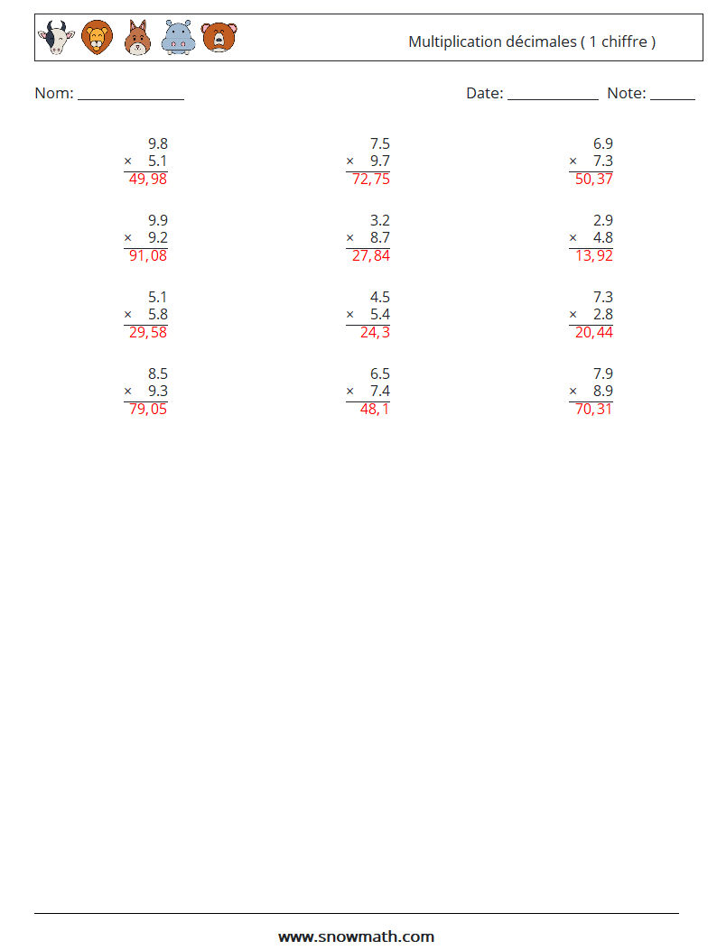 (12) Multiplication décimales ( 1 chiffre ) Fiches d'Exercices de Mathématiques 11 Question, Réponse