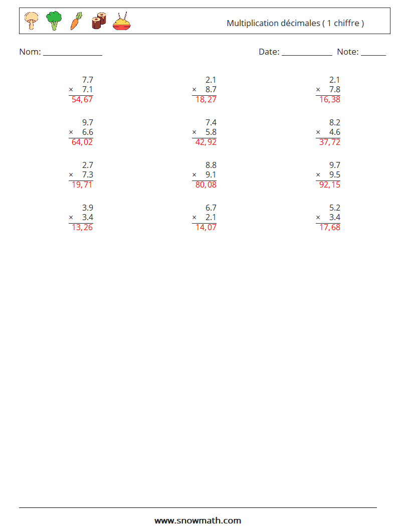 (12) Multiplication décimales ( 1 chiffre ) Fiches d'Exercices de Mathématiques 12 Question, Réponse