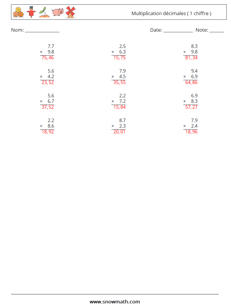 (12) Multiplication décimales ( 1 chiffre ) Fiches d'Exercices de Mathématiques 13 Question, Réponse