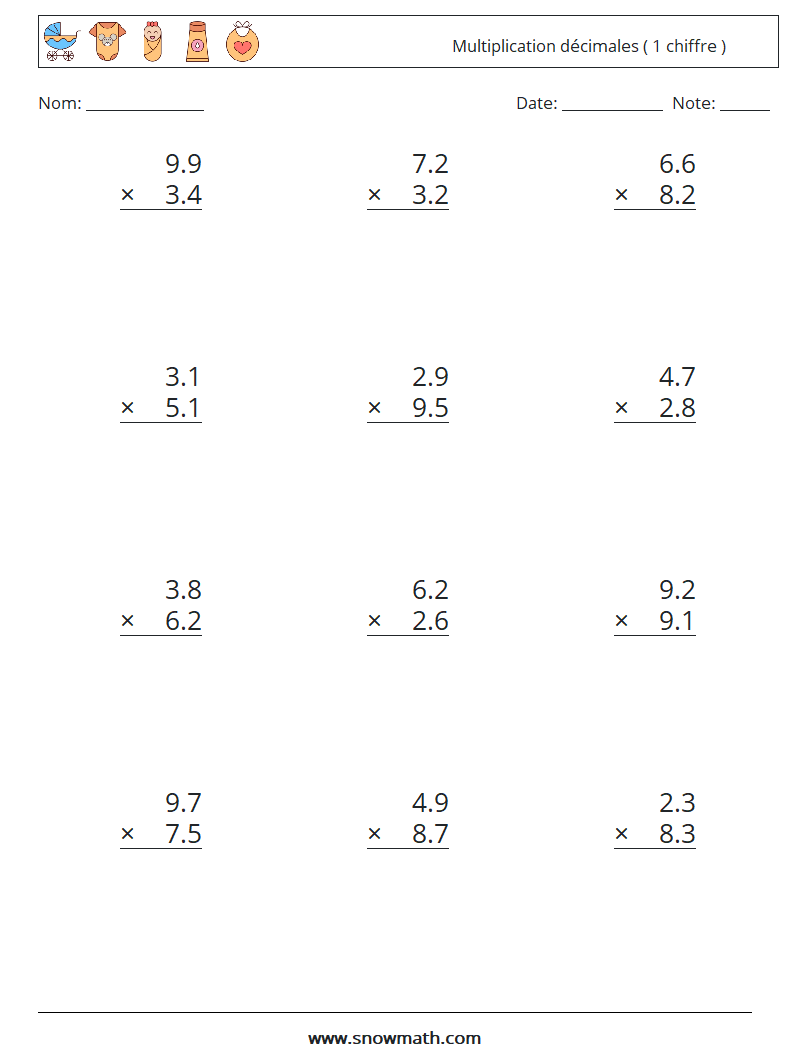 (12) Multiplication décimales ( 1 chiffre ) Fiches d'Exercices de Mathématiques 14