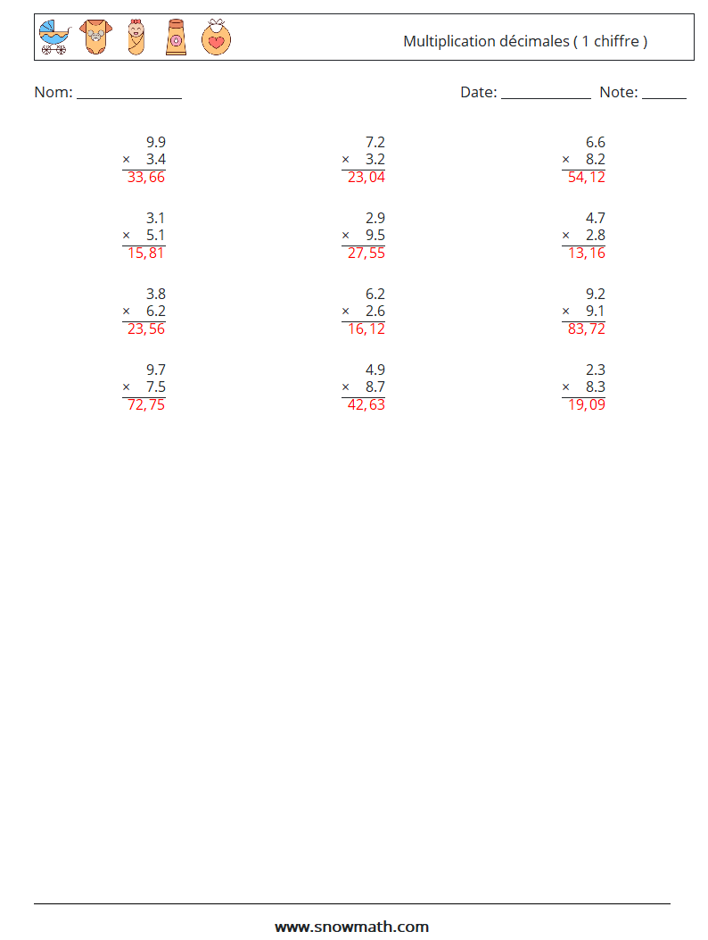 (12) Multiplication décimales ( 1 chiffre ) Fiches d'Exercices de Mathématiques 14 Question, Réponse