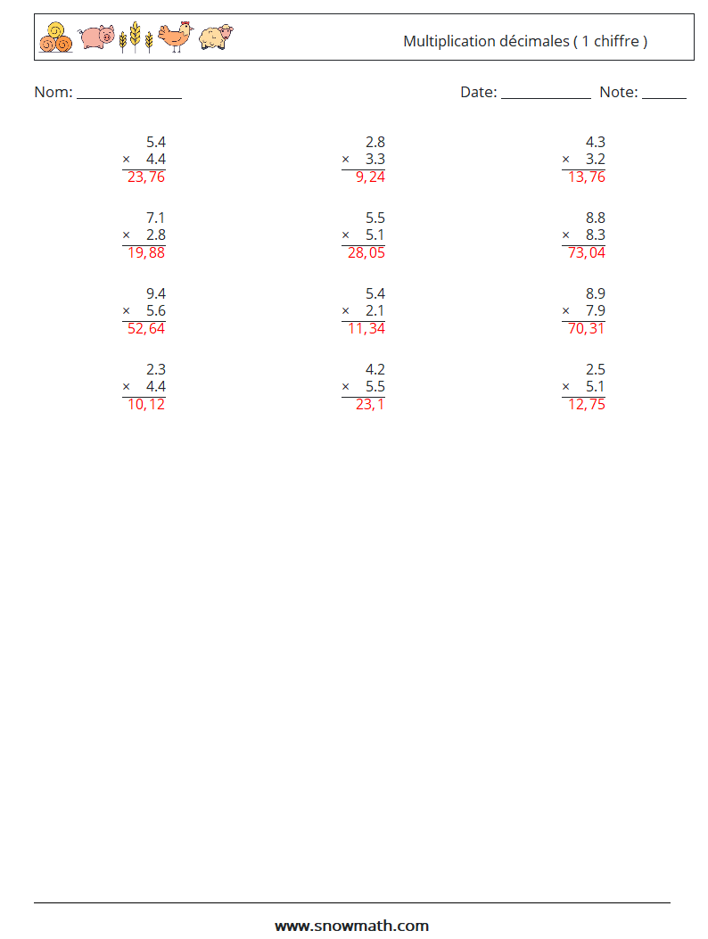 (12) Multiplication décimales ( 1 chiffre ) Fiches d'Exercices de Mathématiques 15 Question, Réponse