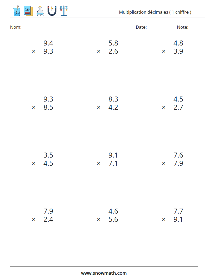 (12) Multiplication décimales ( 1 chiffre ) Fiches d'Exercices de Mathématiques 16