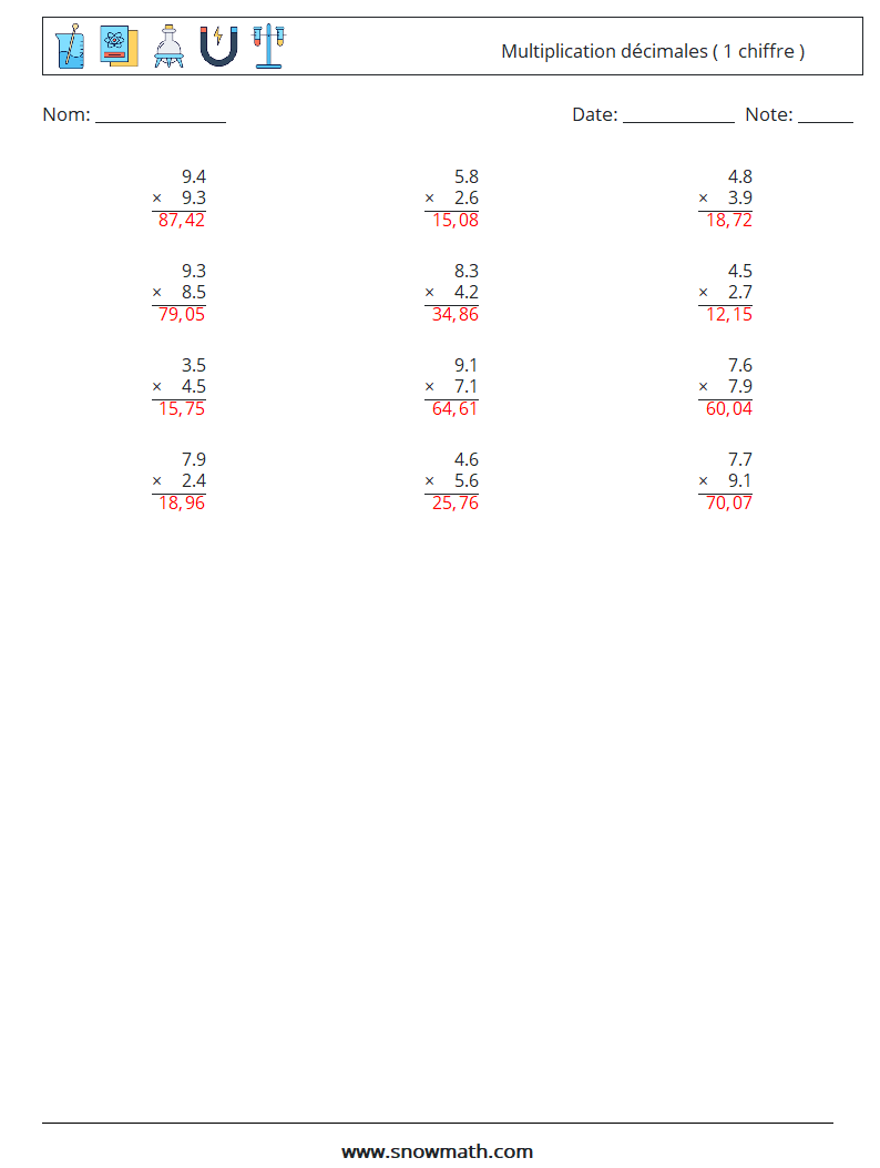 (12) Multiplication décimales ( 1 chiffre ) Fiches d'Exercices de Mathématiques 16 Question, Réponse