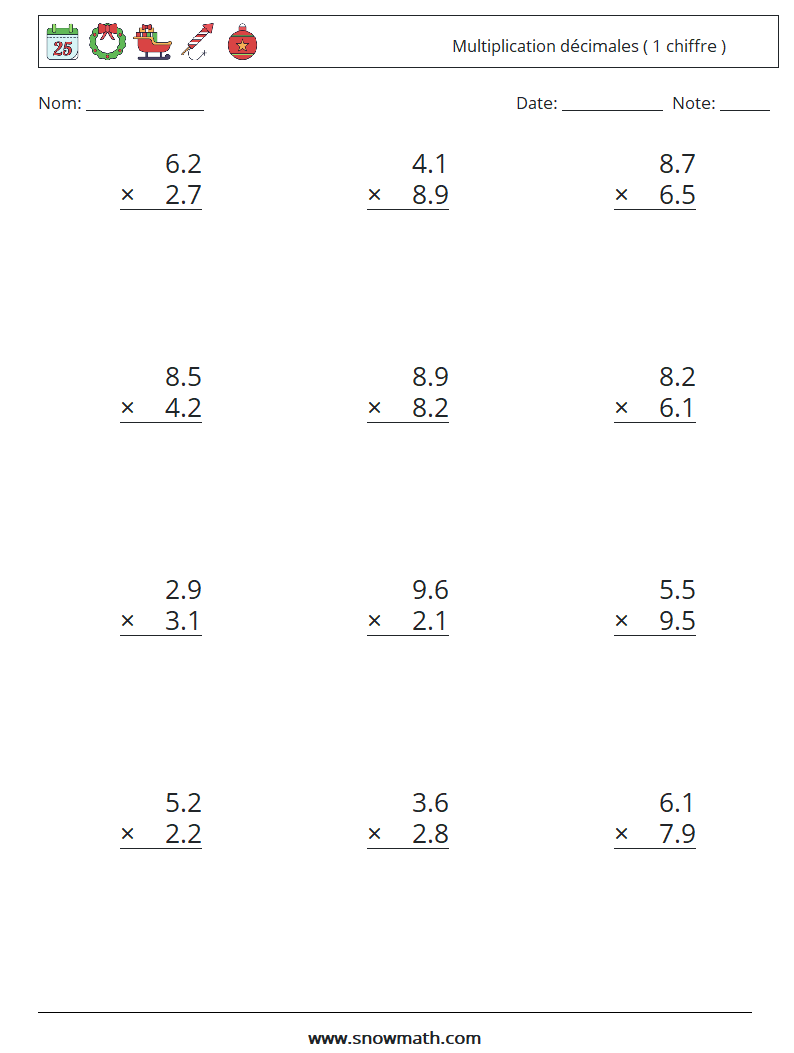 (12) Multiplication décimales ( 1 chiffre ) Fiches d'Exercices de Mathématiques 17