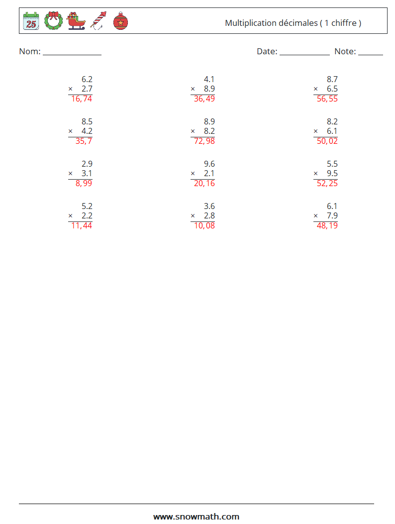 (12) Multiplication décimales ( 1 chiffre ) Fiches d'Exercices de Mathématiques 17 Question, Réponse