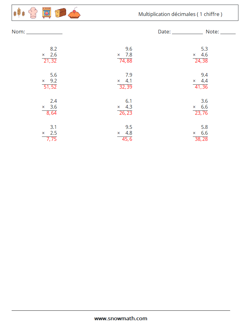 (12) Multiplication décimales ( 1 chiffre ) Fiches d'Exercices de Mathématiques 18 Question, Réponse