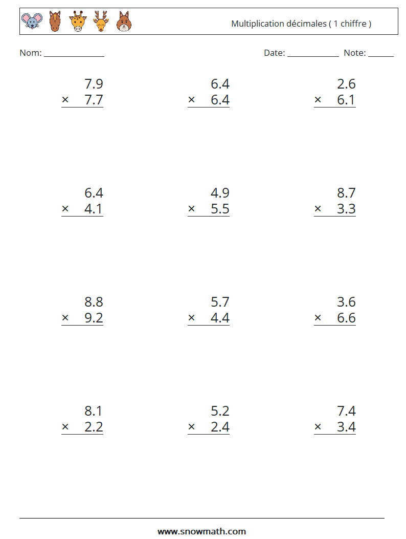 (12) Multiplication décimales ( 1 chiffre ) Fiches d'Exercices de Mathématiques 5