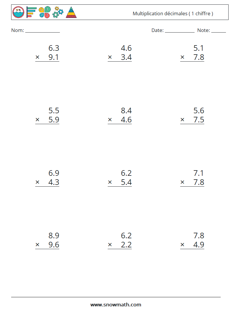 (12) Multiplication décimales ( 1 chiffre ) Fiches d'Exercices de Mathématiques 8