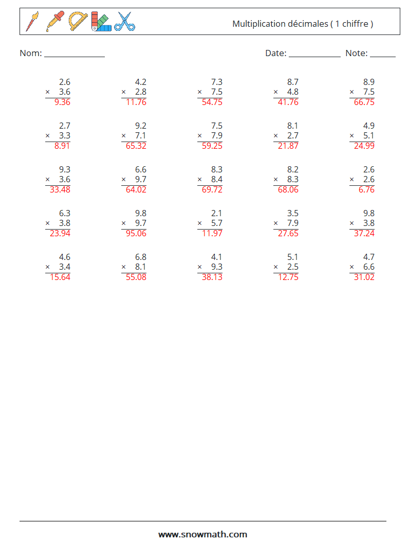 (25) Multiplication décimales ( 1 chiffre ) Fiches d'Exercices de Mathématiques 10 Question, Réponse