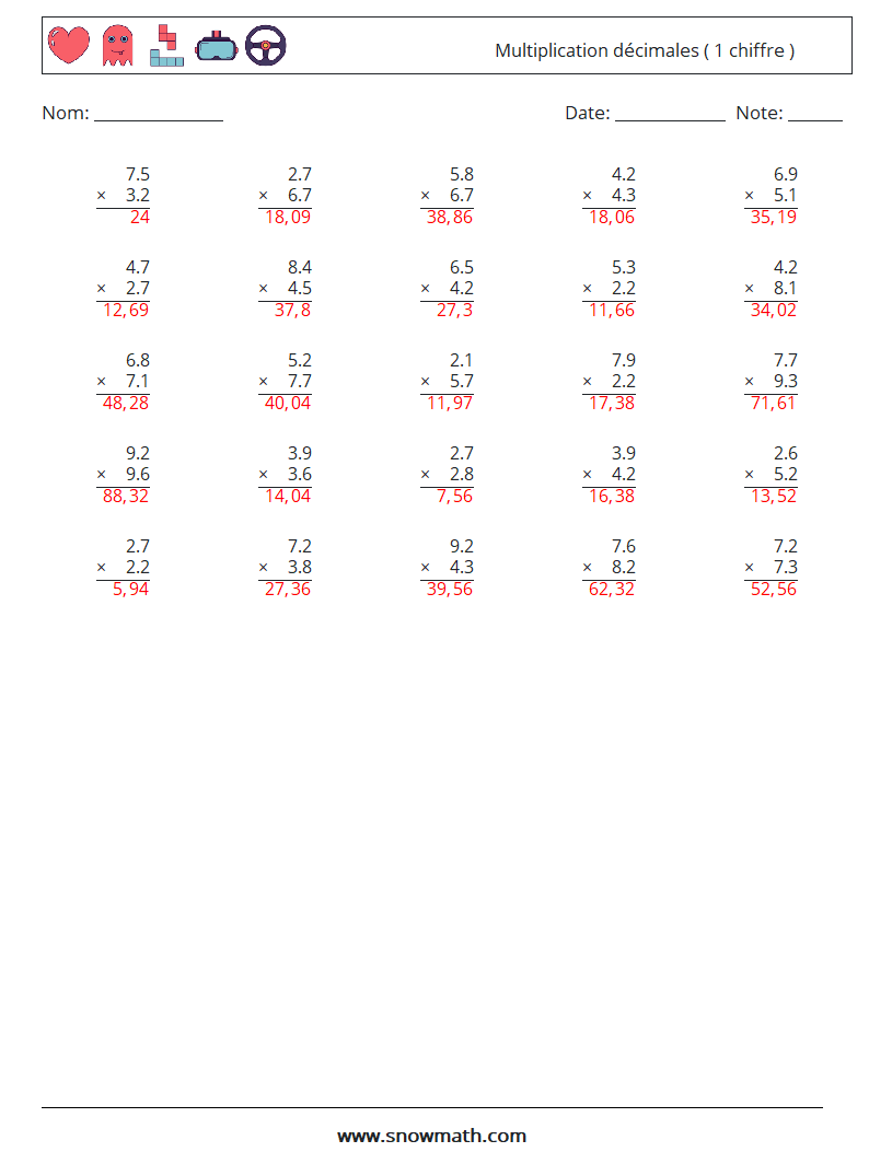 (25) Multiplication décimales ( 1 chiffre ) Fiches d'Exercices de Mathématiques 11 Question, Réponse
