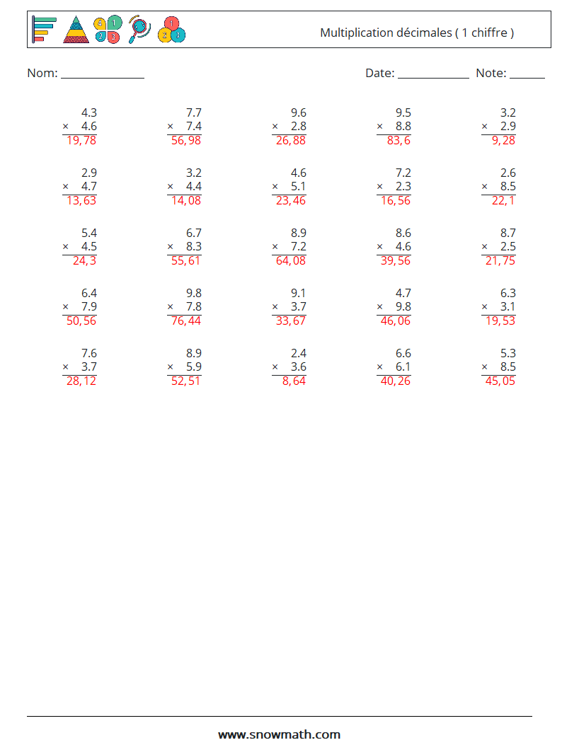 (25) Multiplication décimales ( 1 chiffre ) Fiches d'Exercices de Mathématiques 14 Question, Réponse