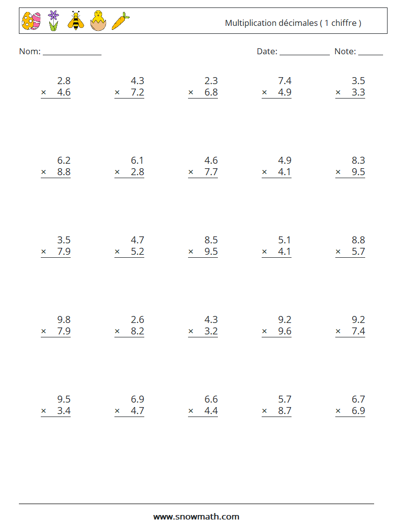 (25) Multiplication décimales ( 1 chiffre ) Fiches d'Exercices de Mathématiques 15