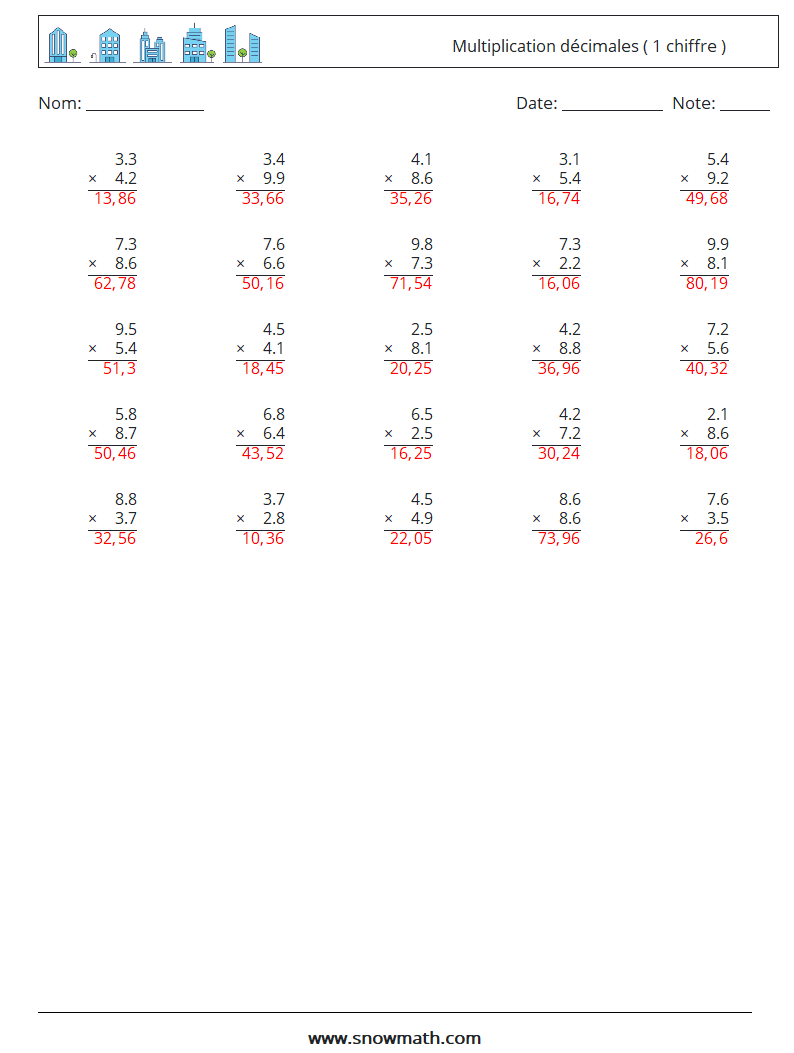 (25) Multiplication décimales ( 1 chiffre ) Fiches d'Exercices de Mathématiques 16 Question, Réponse