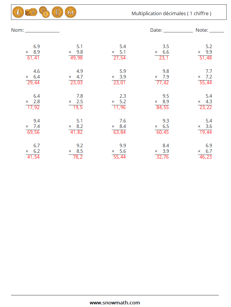 (25) Multiplication décimales ( 1 chiffre ) Fiches d'Exercices de Mathématiques 17 Question, Réponse