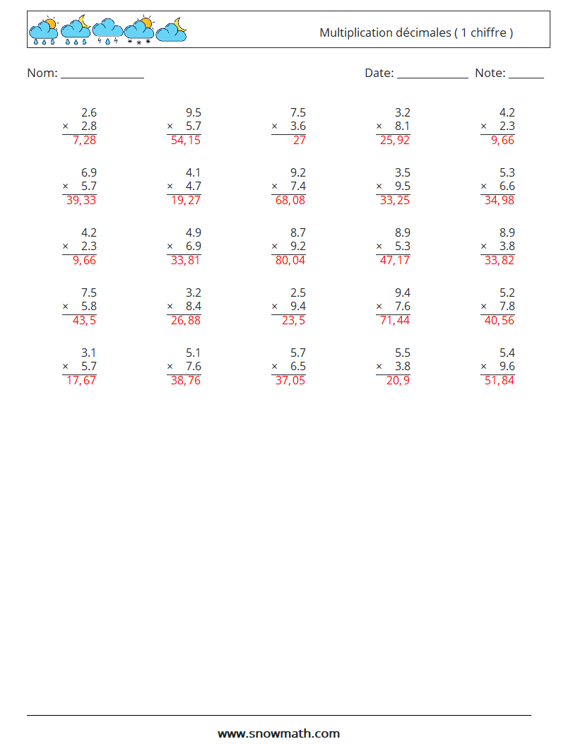 (25) Multiplication décimales ( 1 chiffre ) Fiches d'Exercices de Mathématiques 18 Question, Réponse