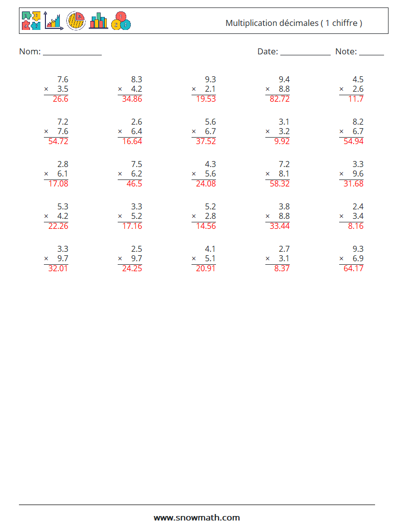 (25) Multiplication décimales ( 1 chiffre ) Fiches d'Exercices de Mathématiques 1 Question, Réponse