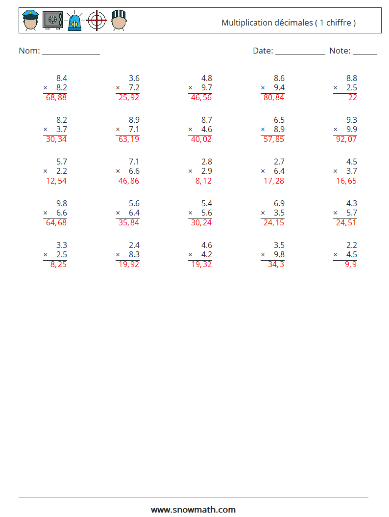 (25) Multiplication décimales ( 1 chiffre ) Fiches d'Exercices de Mathématiques 9 Question, Réponse