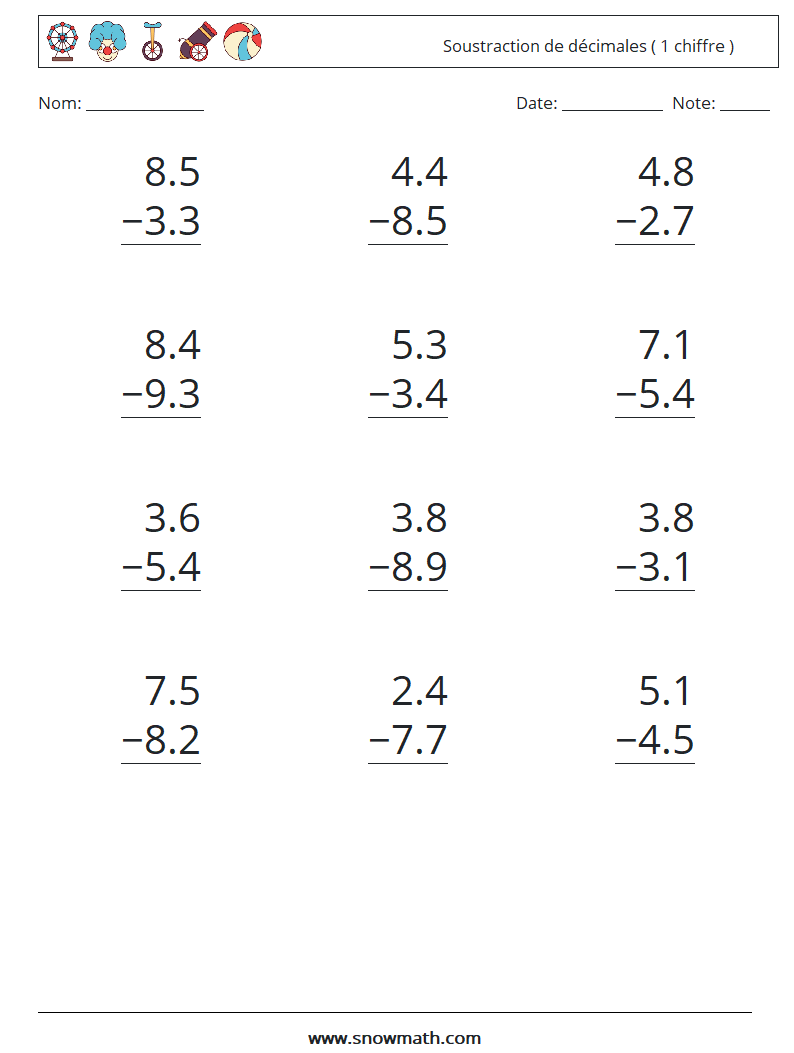 (12) Soustraction de décimales ( 1 chiffre ) Fiches d'Exercices de Mathématiques 1