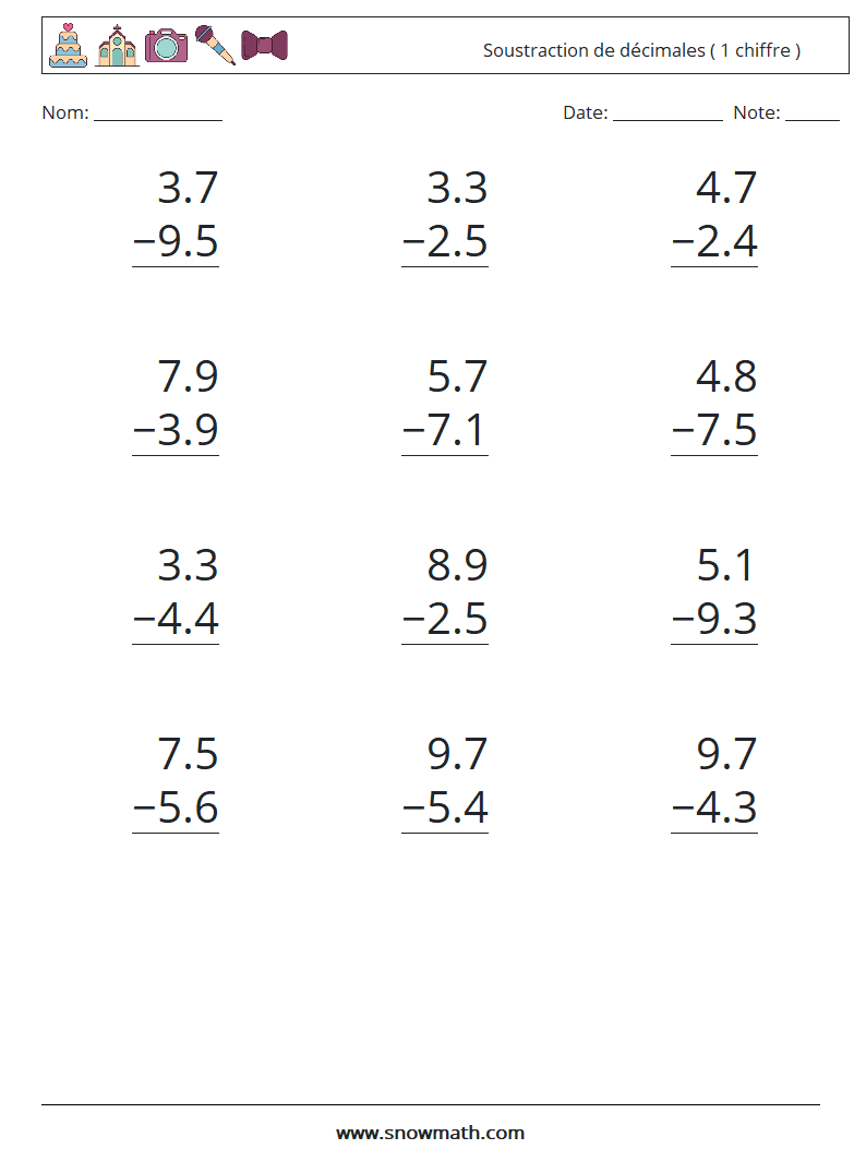 (12) Soustraction de décimales ( 1 chiffre ) Fiches d'Exercices de Mathématiques 11