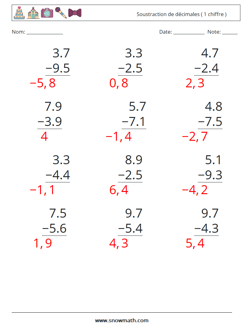 (12) Soustraction de décimales ( 1 chiffre ) Fiches d'Exercices de Mathématiques 11 Question, Réponse