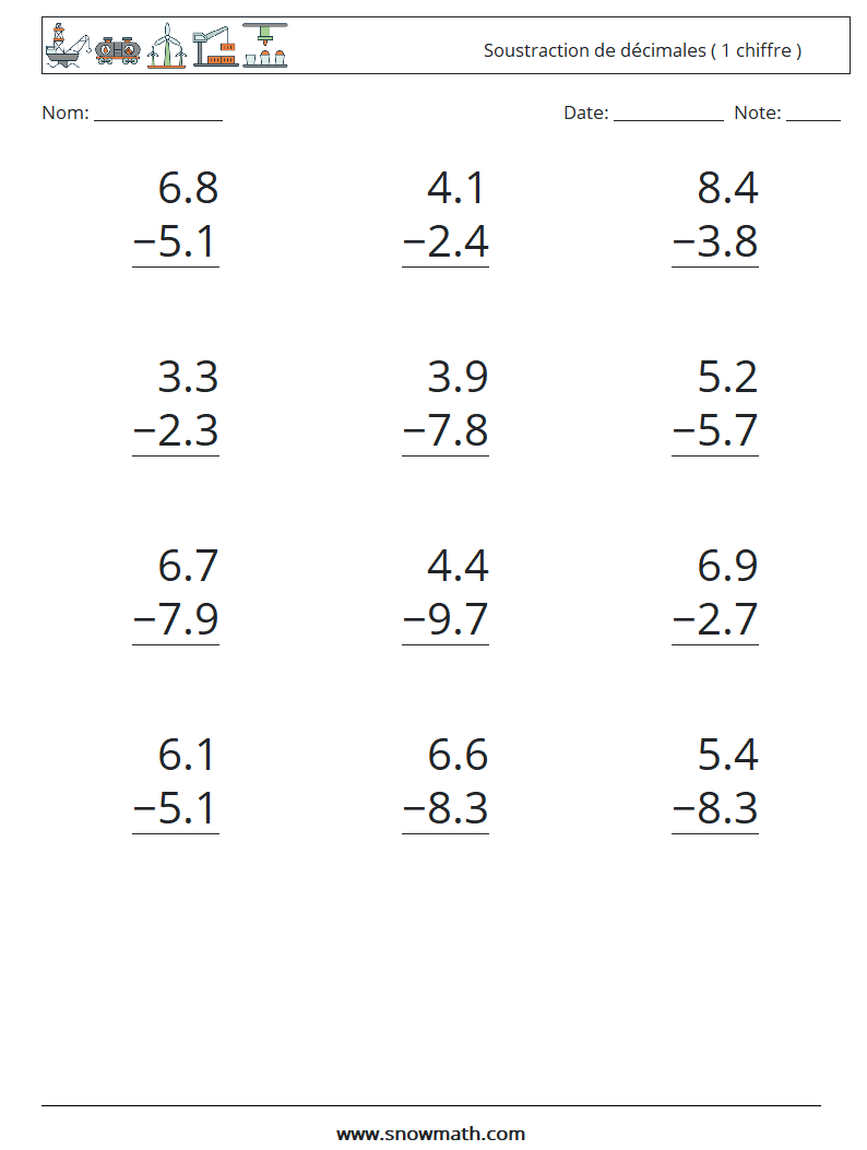 (12) Soustraction de décimales ( 1 chiffre ) Fiches d'Exercices de Mathématiques 12