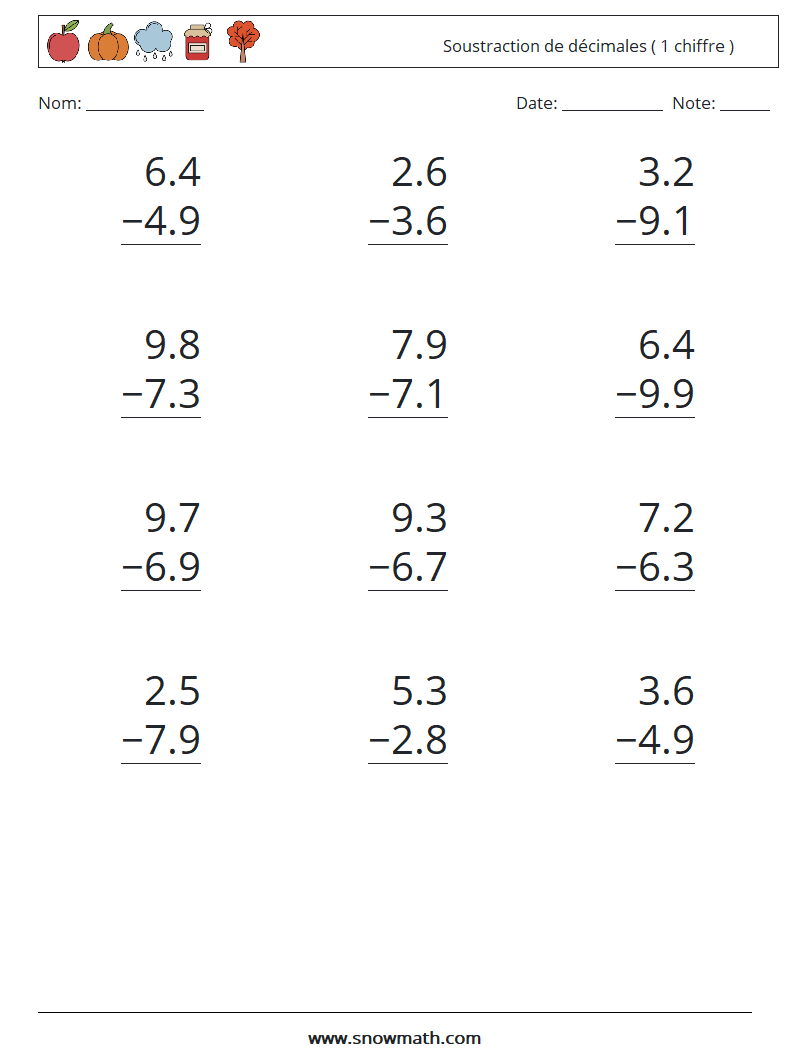 (12) Soustraction de décimales ( 1 chiffre ) Fiches d'Exercices de Mathématiques 14